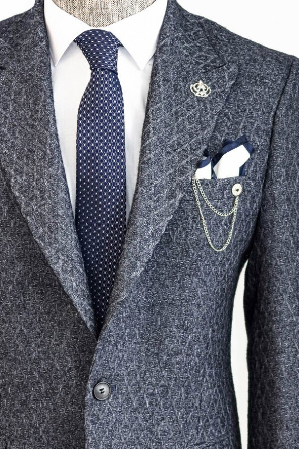 Kendinden Desenli Slim Fit Yün Erkek Lacivert Ceket - 2