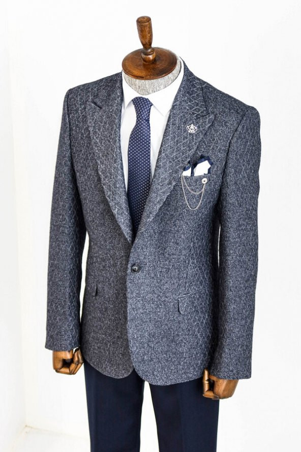 Kendinden Desenli Slim Fit Yün Erkek Lacivert Ceket - 4