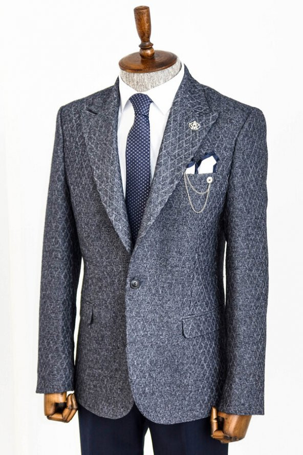 Kendinden Desenli Slim Fit Yün Erkek Lacivert Ceket - 5