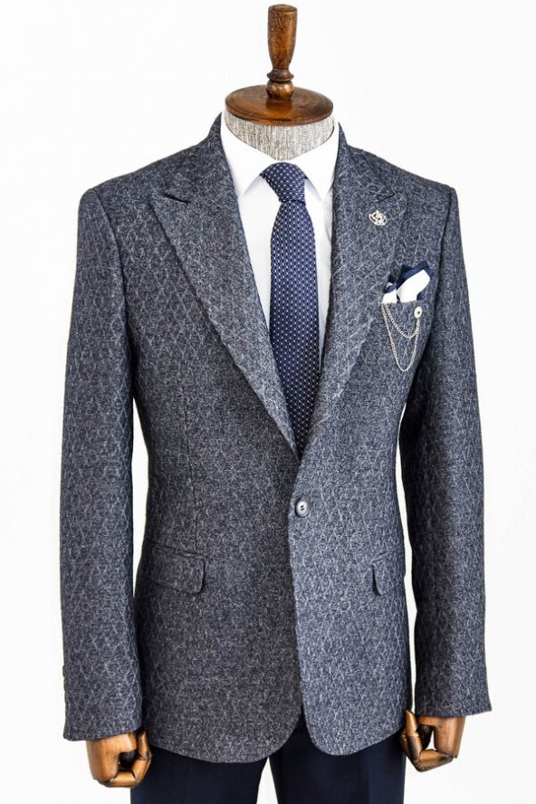 Kendinden Desenli Slim Fit Yün Erkek Lacivert Ceket - 6