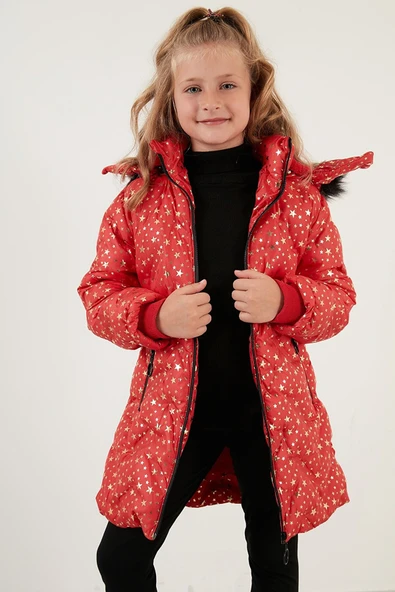 Kız Çocuk Yakası Suni Kürklü Yıldız Desenli Çıkarılabilir Kapüşonlu Peluş Astarlı Kışlık Mont 7028 - 10