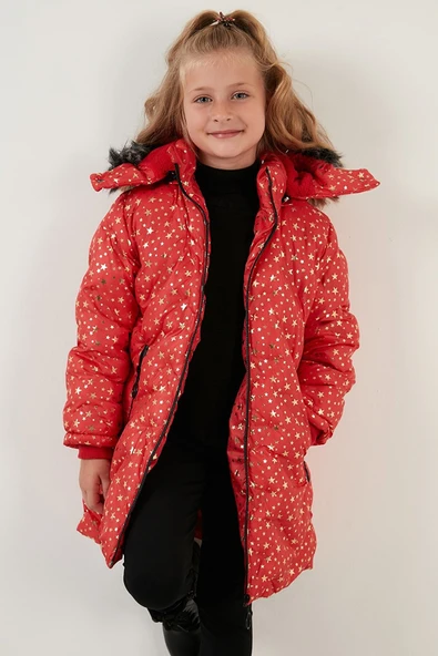 Kız Çocuk Yakası Suni Kürklü Yıldız Desenli Çıkarılabilir Kapüşonlu Peluş Astarlı Kışlık Mont 7028 - 9