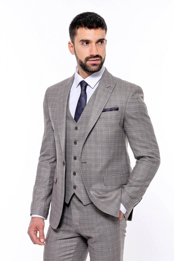 Ekose Desenli Yelekli Slim Fit Bej Erkek Takım Elbise - 6