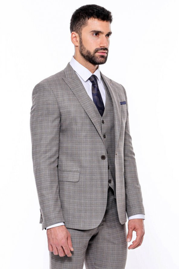 Ekose Desenli Yelekli Slim Fit Bej Erkek Takım Elbise - 9