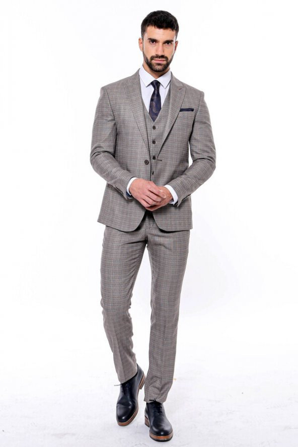Ekose Desenli Yelekli Slim Fit Bej Erkek Takım Elbise - 10