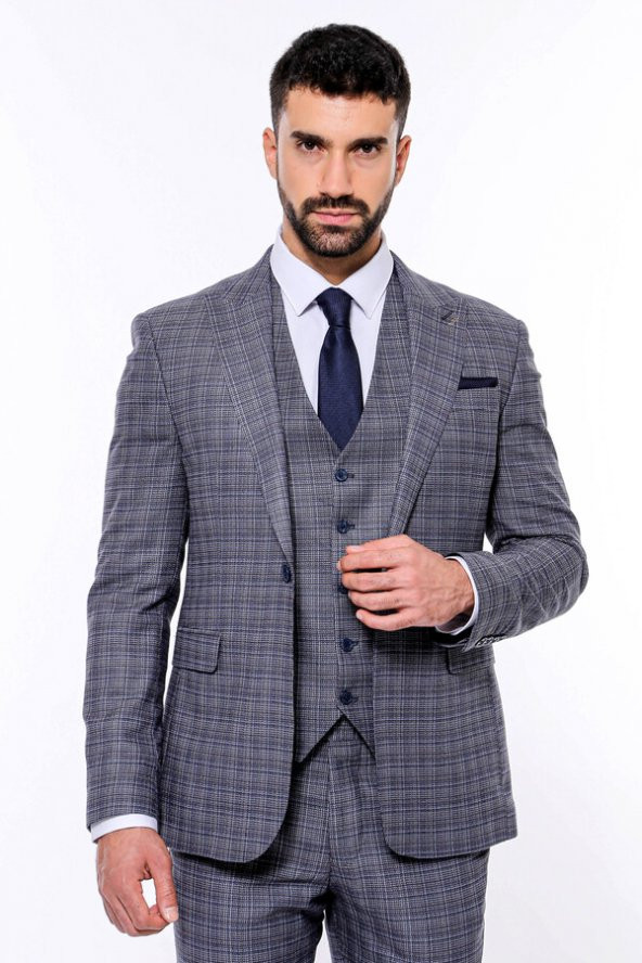 Ekose Desenli Yelekli Slim Fit Lacivert Erkek Takım Elbise - 2