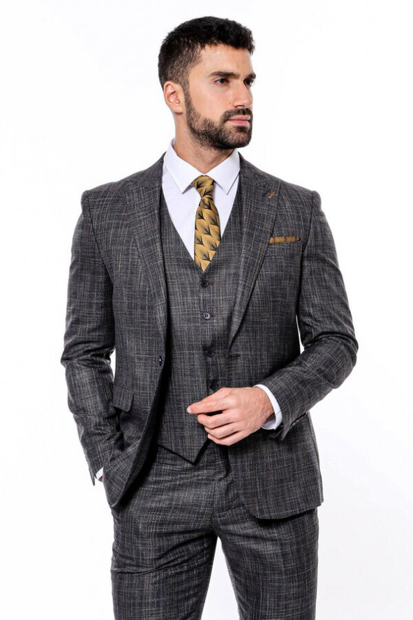 Kendinden Desenli Yelekli Slim Fit Siyah Takım Elbise - 2