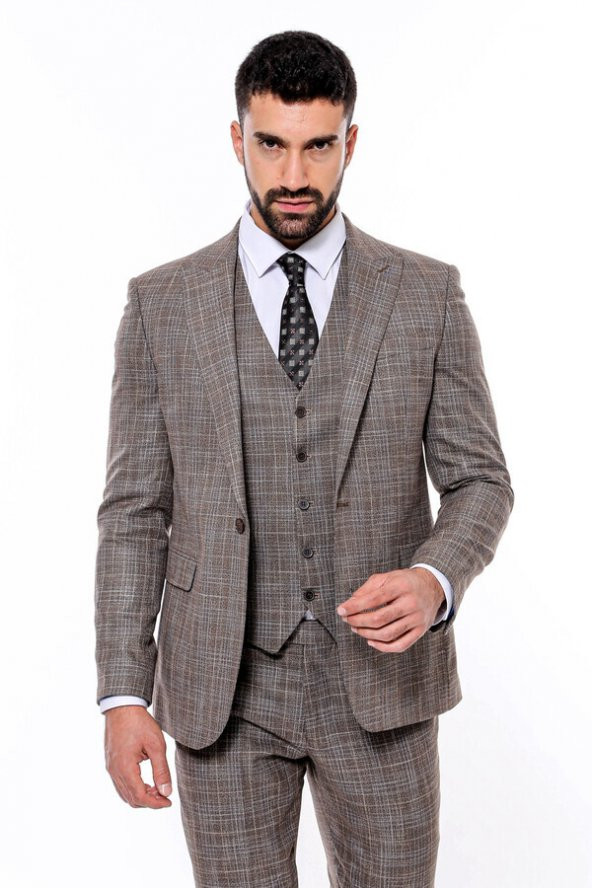 Kendinden Desenli Yelekli Slim Fit Koyu Bej Takım Elbise - 2