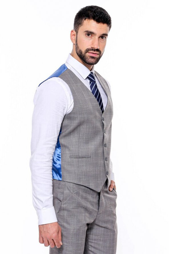 Ekose Desenli Yelekli Slim Fit Gri Erkek Takım Elbise - 3
