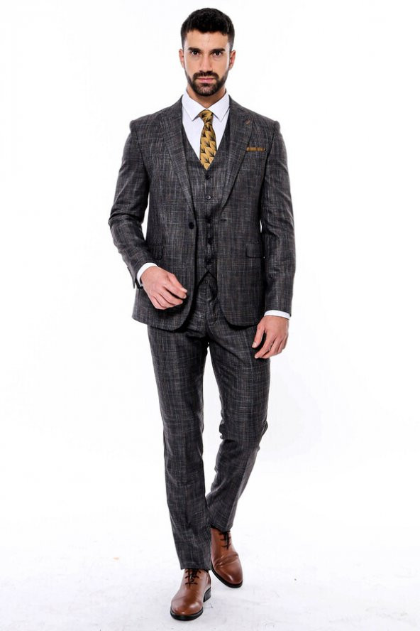 Kendinden Desenli Yelekli Slim Fit Siyah Takım Elbise - 3