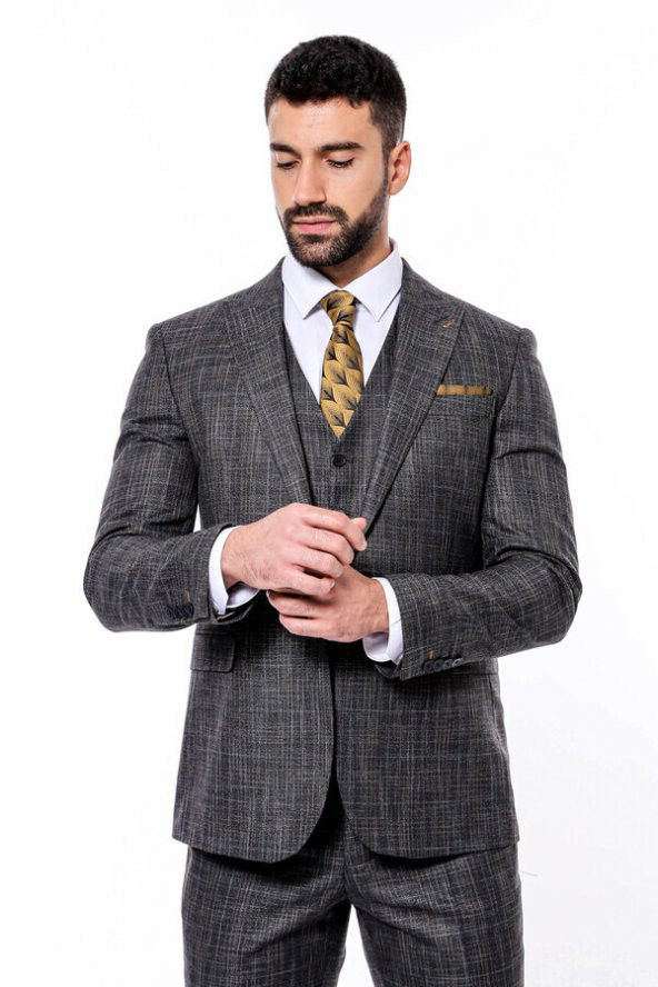 Kendinden Desenli Yelekli Slim Fit Siyah Takım Elbise - 4