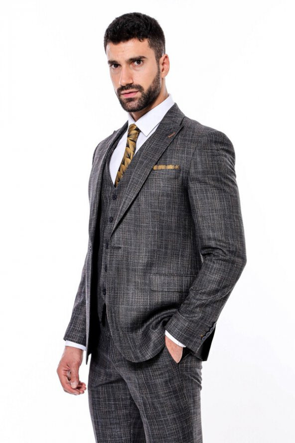 Kendinden Desenli Yelekli Slim Fit Siyah Takım Elbise - 5