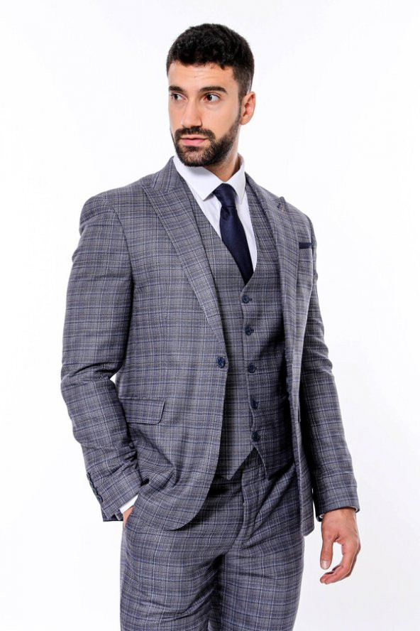 Ekose Desenli Yelekli Slim Fit Lacivert Erkek Takım Elbise - 3