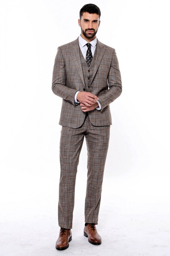 Kendinden Desenli Yelekli Slim Fit Koyu Bej Takım Elbise - 3