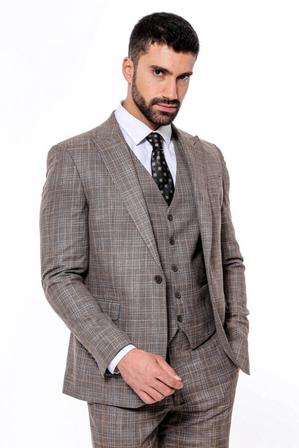 Kendinden Desenli Yelekli Slim Fit Koyu Bej Takım Elbise - 4