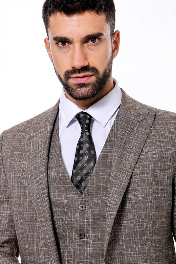 Kendinden Desenli Yelekli Slim Fit Koyu Bej Takım Elbise - 5