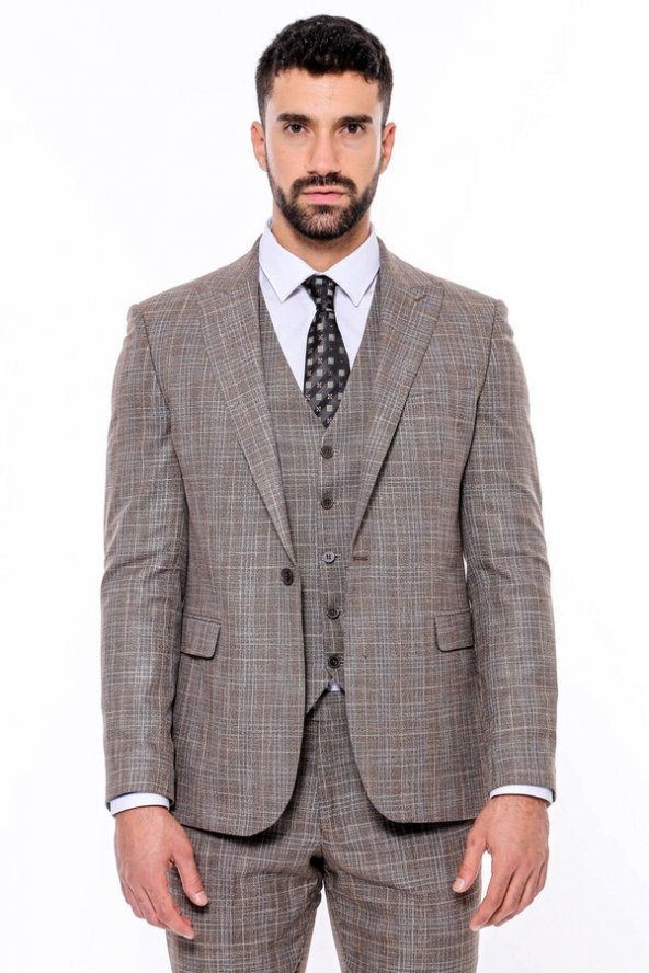 Kendinden Desenli Yelekli Slim Fit Koyu Bej Takım Elbise - 6