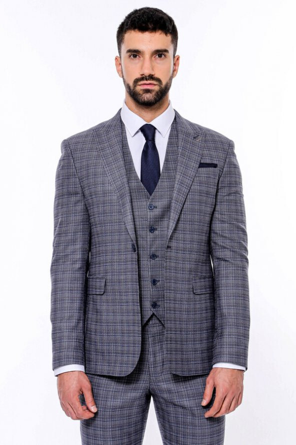 Ekose Desenli Yelekli Slim Fit Lacivert Erkek Takım Elbise - 6