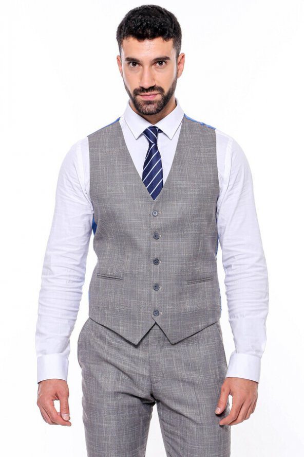 Ekose Desenli Yelekli Slim Fit Gri Erkek Takım Elbise - 5
