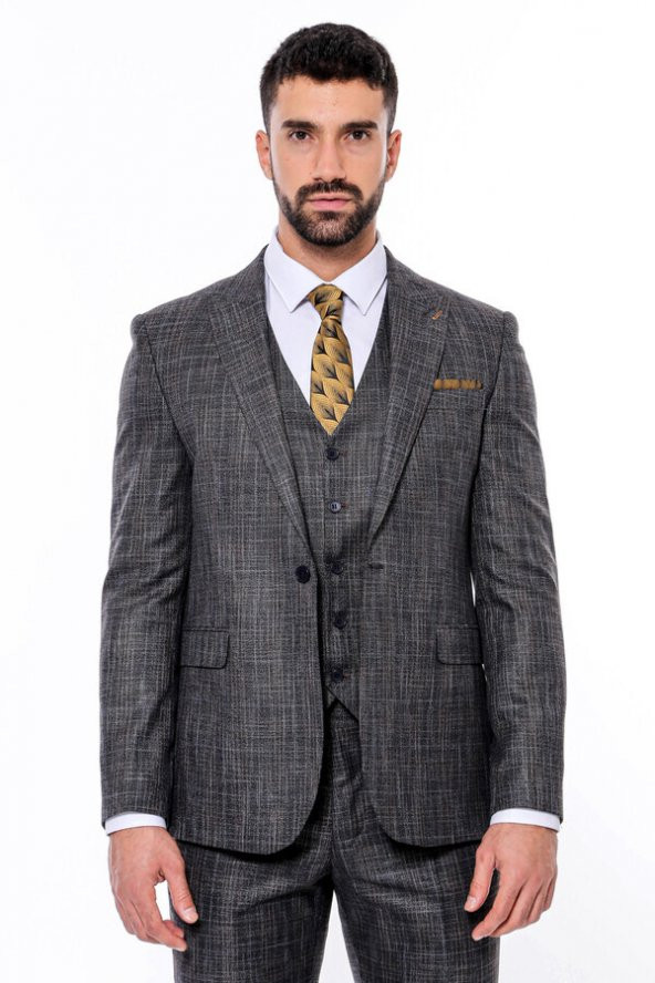 Kendinden Desenli Yelekli Slim Fit Siyah Takım Elbise - 6