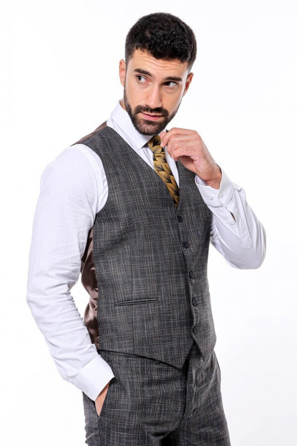 Kendinden Desenli Yelekli Slim Fit Siyah Takım Elbise - 7