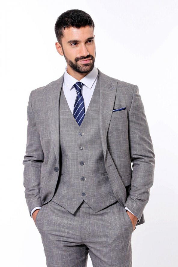 Ekose Desenli Yelekli Slim Fit Gri Erkek Takım Elbise - 7