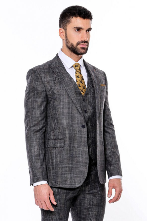 Kendinden Desenli Yelekli Slim Fit Siyah Takım Elbise - 8