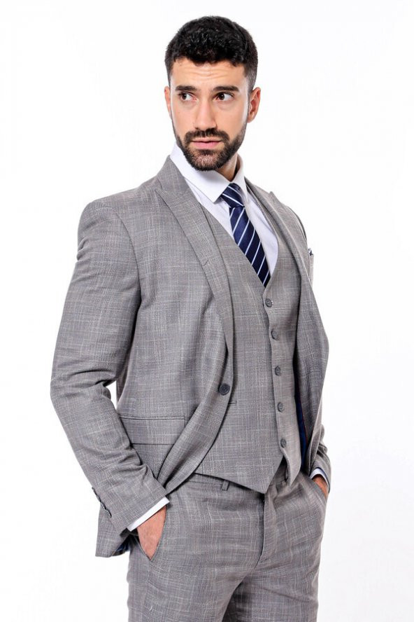 Ekose Desenli Yelekli Slim Fit Gri Erkek Takım Elbise - 9