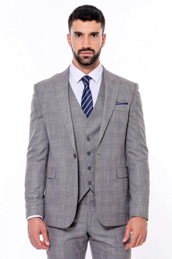 Ekose Desenli Yelekli Slim Fit Gri Erkek Takım Elbise - 10