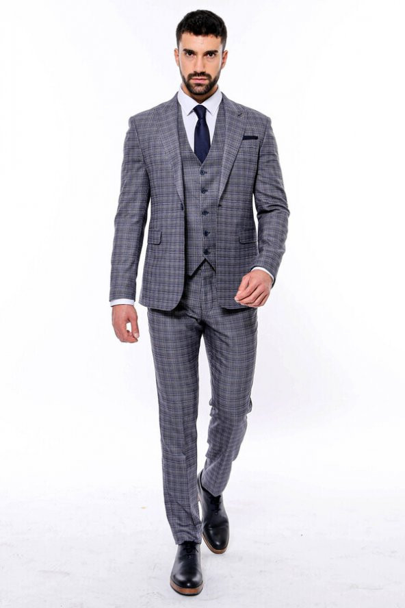Ekose Desenli Yelekli Slim Fit Lacivert Erkek Takım Elbise - 7