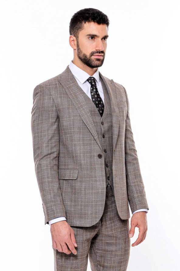 Kendinden Desenli Yelekli Slim Fit Koyu Bej Takım Elbise