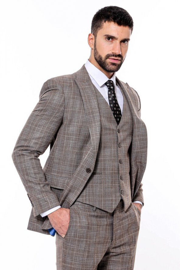 Kendinden Desenli Yelekli Slim Fit Koyu Bej Takım Elbise - 7