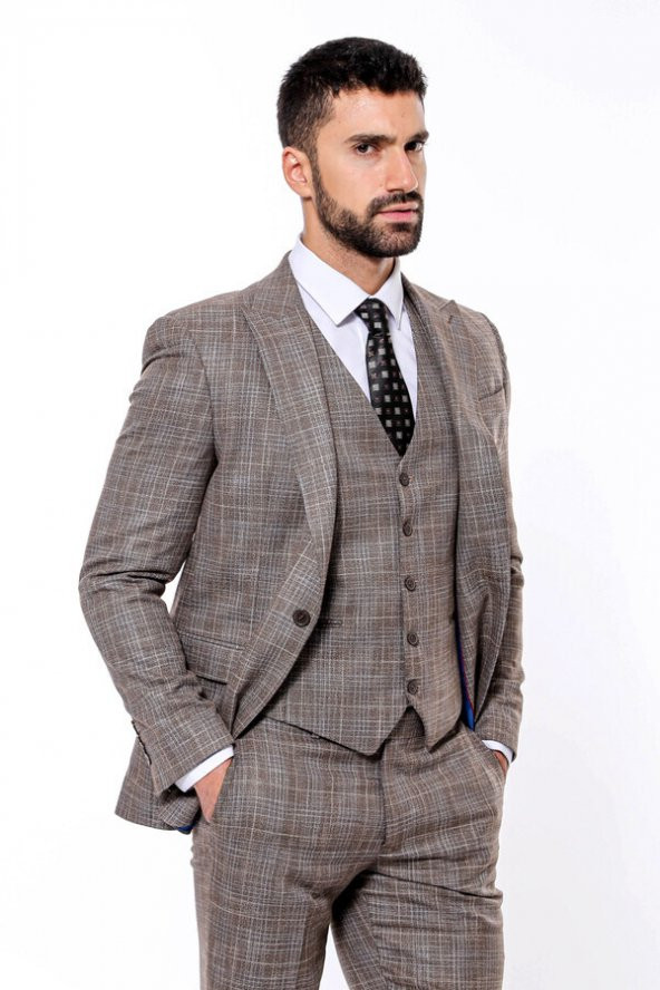 Kendinden Desenli Yelekli Slim Fit Koyu Bej Takım Elbise - 8