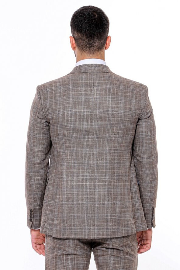 Kendinden Desenli Yelekli Slim Fit Koyu Bej Takım Elbise - 10