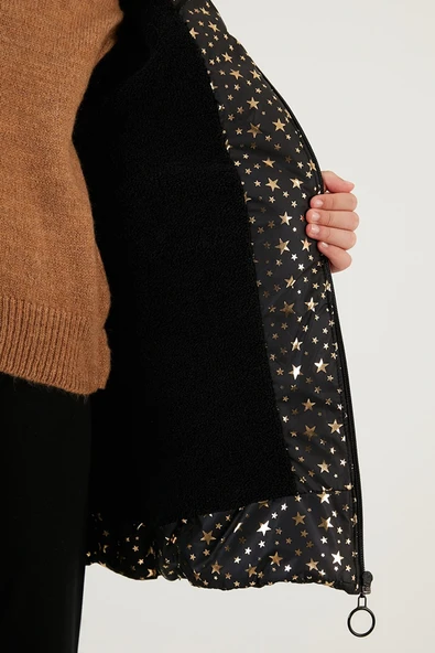 Kız Çocuk Yakası Suni Kürklü Yıldız Desenli Çıkarılabilir Kapüşonlu Peluş Astarlı Kışlık Mont 7028 - 6