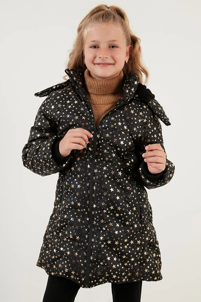 Kız Çocuk Yakası Suni Kürklü Yıldız Desenli Çıkarılabilir Kapüşonlu Peluş Astarlı Kışlık Mont 7028 - 4