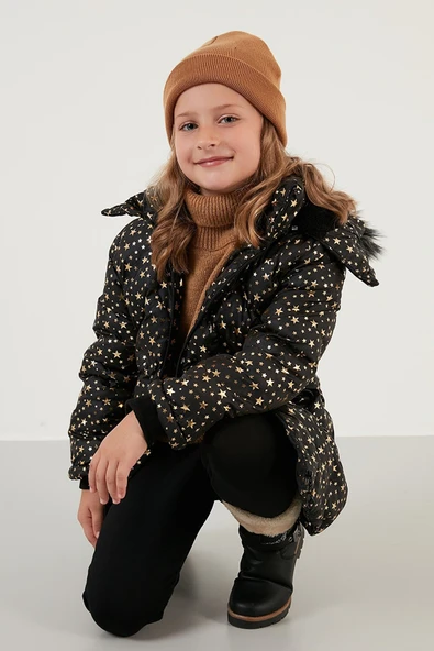 Kız Çocuk Yakası Suni Kürklü Yıldız Desenli Çıkarılabilir Kapüşonlu Peluş Astarlı Kışlık Mont 7028 - 3