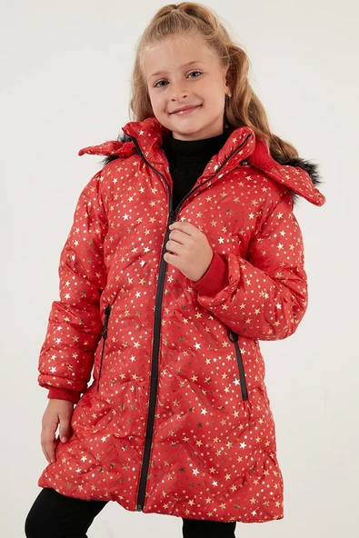 Kız Çocuk Yakası Suni Kürklü Yıldız Desenli Çıkarılabilir Kapüşonlu Peluş Astarlı Kışlık Mont 7028 - 11