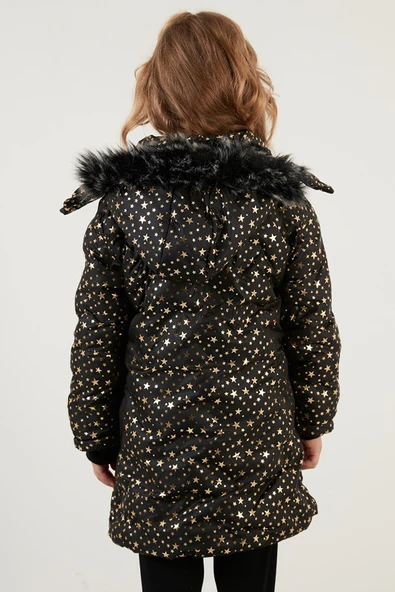 Kız Çocuk Yakası Suni Kürklü Yıldız Desenli Çıkarılabilir Kapüşonlu Peluş Astarlı Kışlık Mont 7028 - 5