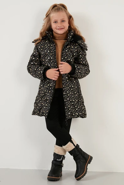 Kız Çocuk Yakası Suni Kürklü Yıldız Desenli Çıkarılabilir Kapüşonlu Peluş Astarlı Kışlık Mont 7028 - 2