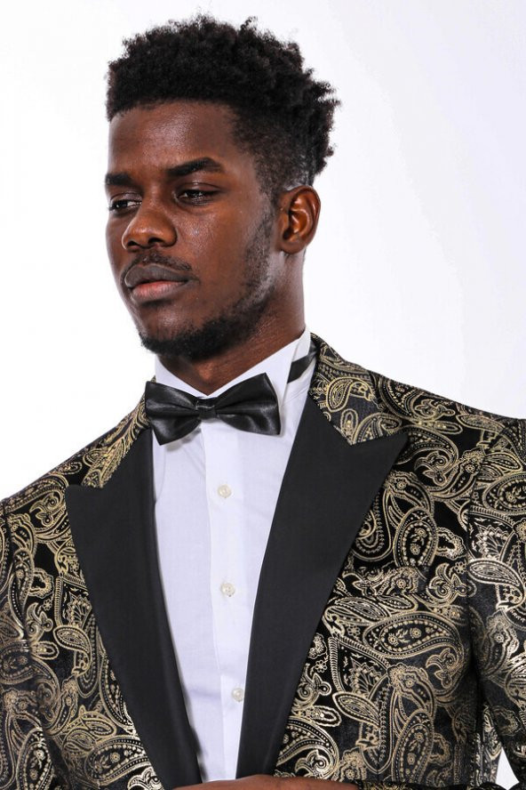 Gold Desenli Jakarlı Siyah Erkek Smokin Ceket