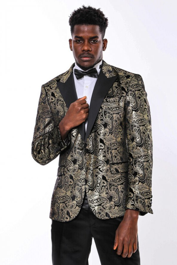 Gold Desenli Jakarlı Siyah Erkek Smokin Ceket - 2