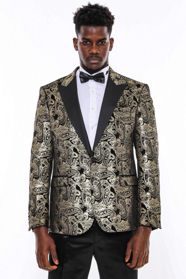 Gold Desenli Jakarlı Siyah Erkek Smokin Ceket - 3