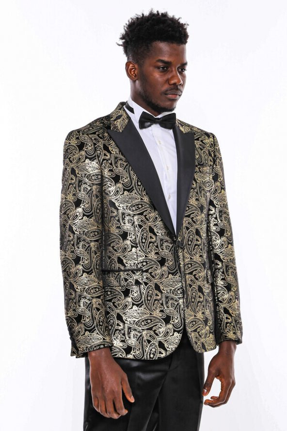 Gold Desenli Jakarlı Siyah Erkek Smokin Ceket - 7