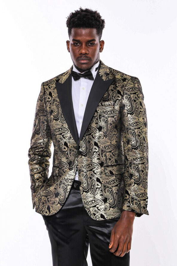 Gold Desenli Jakarlı Siyah Erkek Smokin Ceket - 8