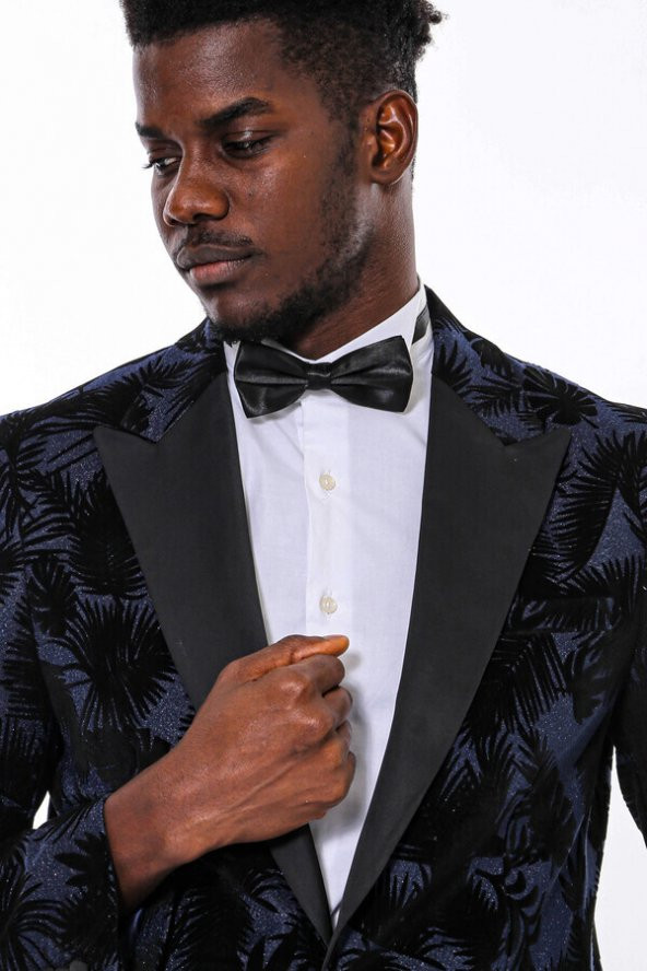 Simli Yaprak Desenli Lacivert Erkek Smokin Ceket - 2