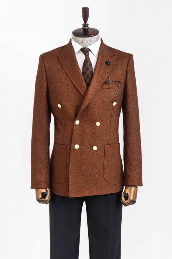 Kruvaze Slim Fit Kahverengi Erkek Ceket - 3