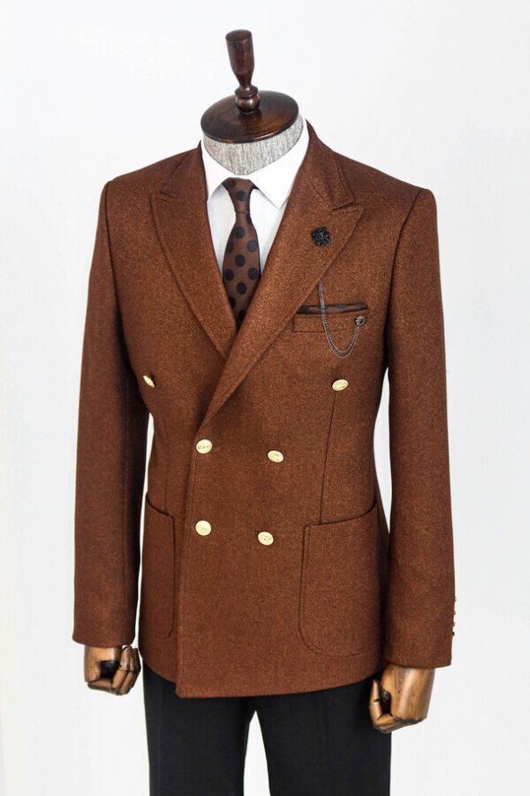 Kruvaze Slim Fit Kahverengi Erkek Ceket - 4