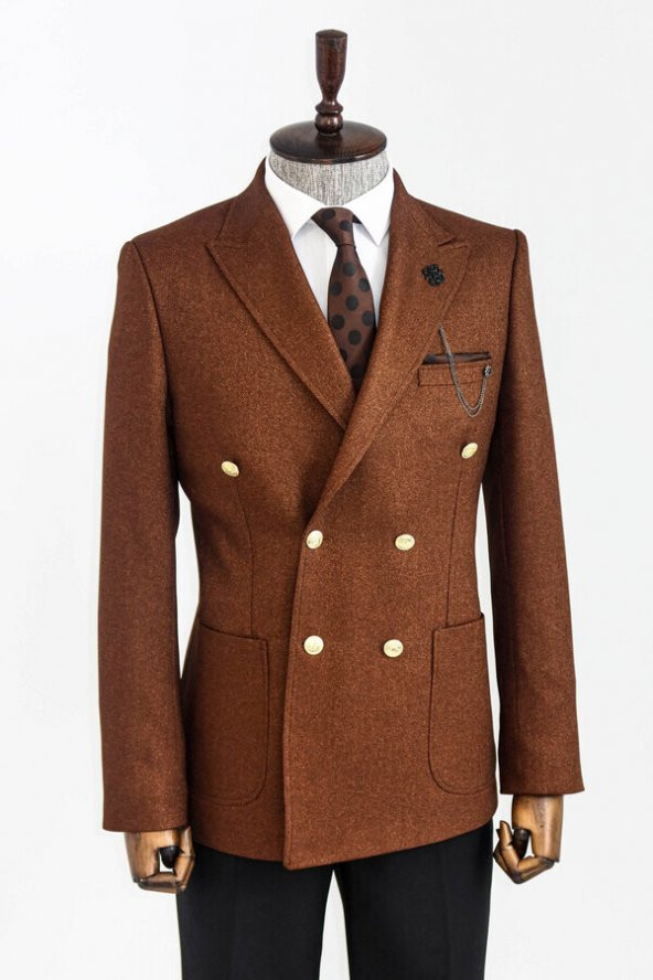 Kruvaze Slim Fit Kahverengi Erkek Ceket - 5