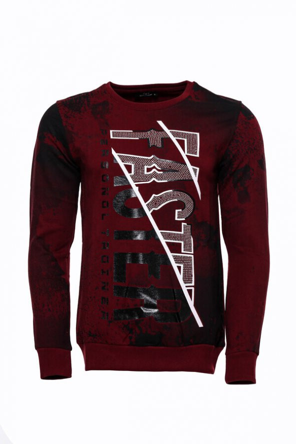 Bordo Taşlı Baskılı Sweatshirt